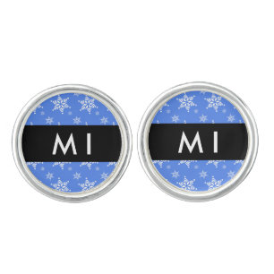 White Snowflakes, Blue, Your name, Personalize Cufflinks