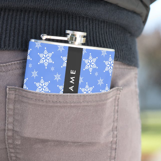 White Snowflakes, Blue, Your name, Personalize Flask (In Situ)