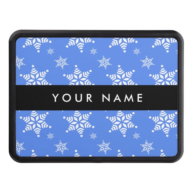 White Snowflakes, Blue, Your name, Personalize Hitch Cover (Front)
