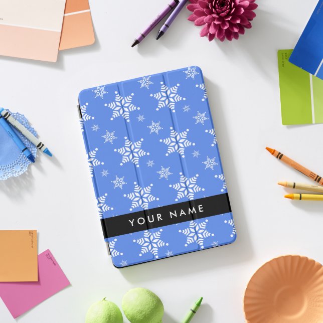 White Snowflakes, Blue, Your name, Personalize iPad Pro Cover (Desk)