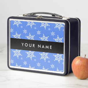 White Snowflakes, Blue, Your name, Personalize Metal Lunch Box