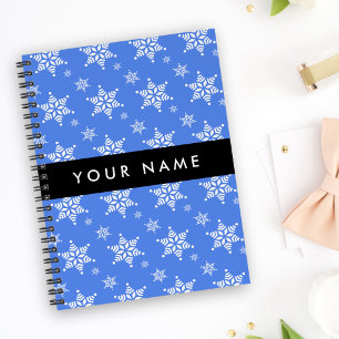 White Snowflakes, Blue, Your name, Personalize Notebook