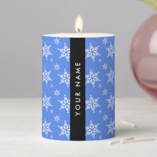 White Snowflakes, Blue, Your name, Personalize Pillar Candle