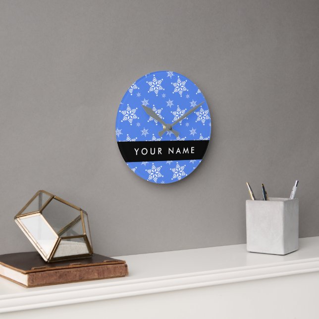 White Snowflakes, Blue, Your name, Personalize Round Clock (Office)