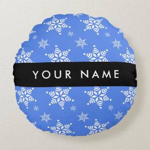 White Snowflakes, Blue, Your name, Personalize Round Pillow