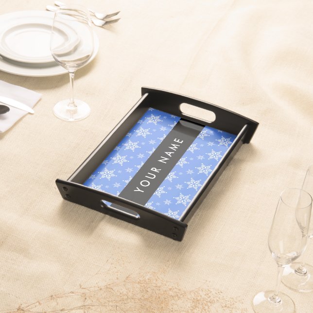 White Snowflakes, Blue, Your name, Personalize Serving Tray (Front)