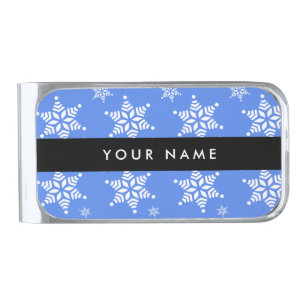 White Snowflakes, Blue, Your name, Personalize Silver Finish Money Clip