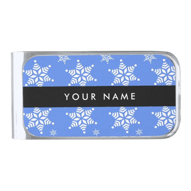 White Snowflakes, Blue, Your name, Personalize Silver Finish Money Clip (Front)