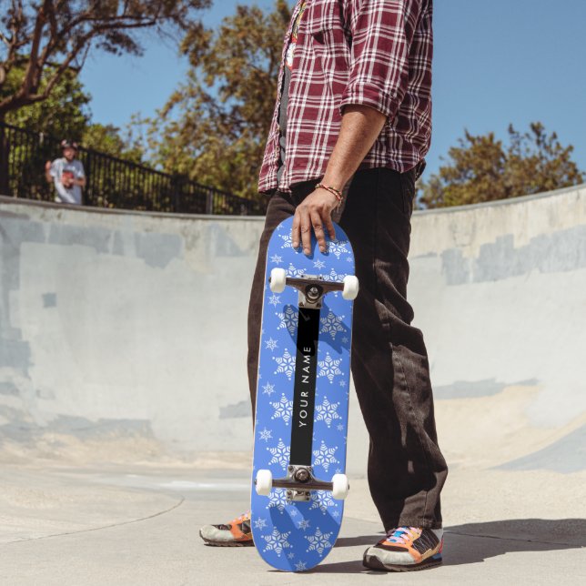 White Snowflakes, Blue, Your name, Personalize Skateboard (Outdoor 2)