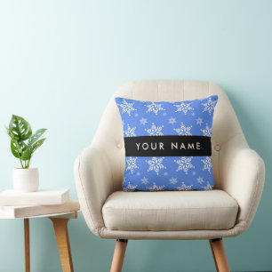 White Snowflakes, Blue, Your name, Personalize Throw Pillow