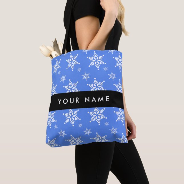 White Snowflakes, Blue, Your name, Personalize Tote Bag (Close Up)