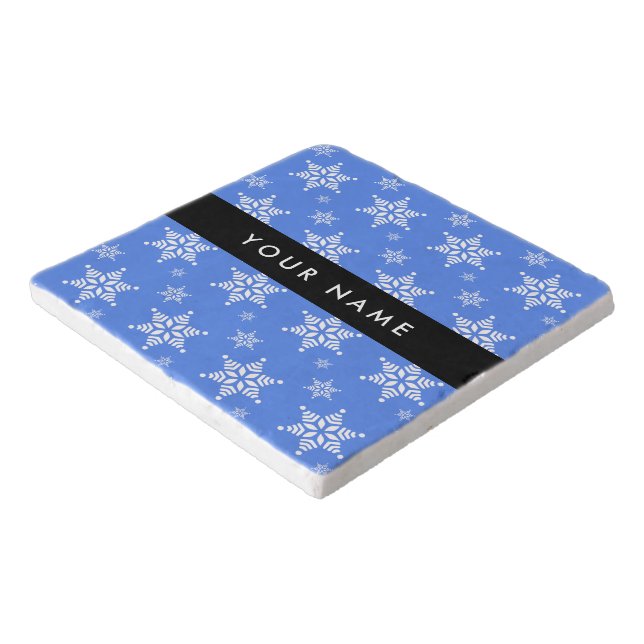 White Snowflakes, Blue, Your name, Personalize Trivet (Corner)