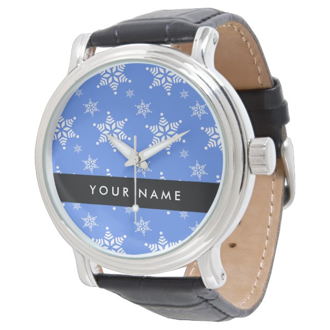 White Snowflakes, Blue, Your name, Personalize Watch (Angled)