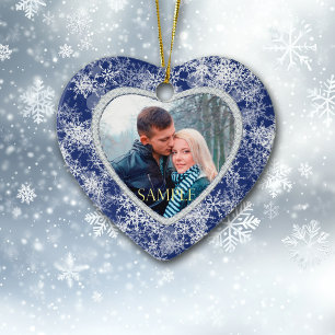 White Snowflakes Border on Blue Photo Template Ceramic Ornament