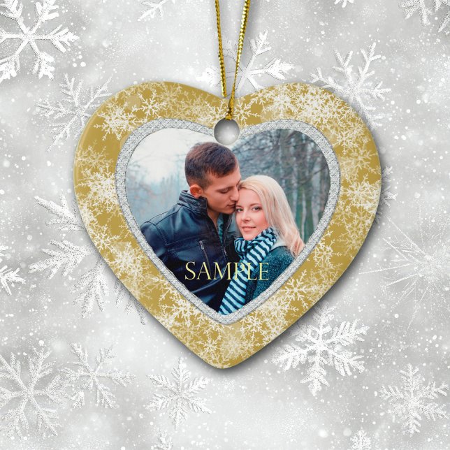 White Snowflakes Border on Gold Photo Template Ceramic Ornament (Creator Uploaded)