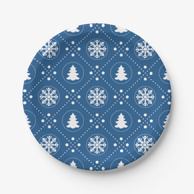 White Snowflakes Christmas Trees Blue Design Paper Plates (Front)