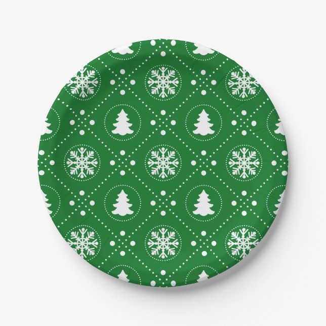 White Snowflakes Christmas Trees Green Design Paper Plates (Front)