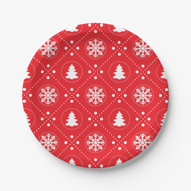 White Snowflakes Christmas Trees Red Design Paper Plates (Front)