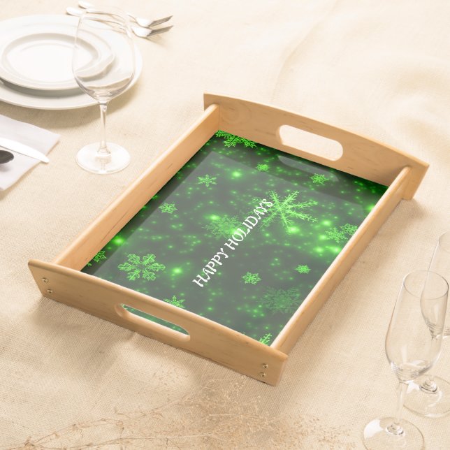 White Snowflakes Deep Green Large Serving Tray (Front)