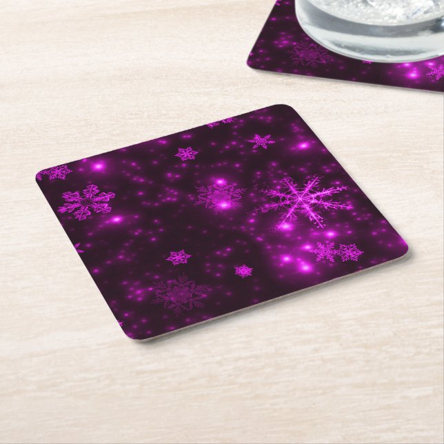 White Snowflakes Deep Purple Paper Coasters (Angled)