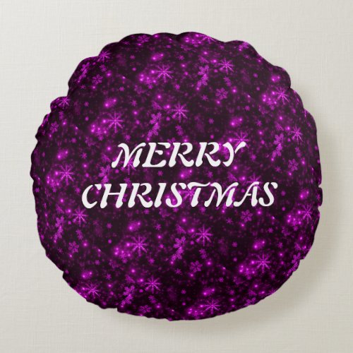 White Snowflakes Deep Purple Round Pillow