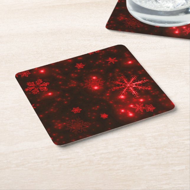 White Snowflakes Deep Red Backgrd Paper Coasters (Angled)