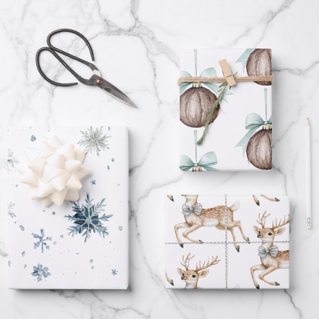 White Snowflakes Deer Coconut Ornaments Wrapping Paper Sheets (Front)