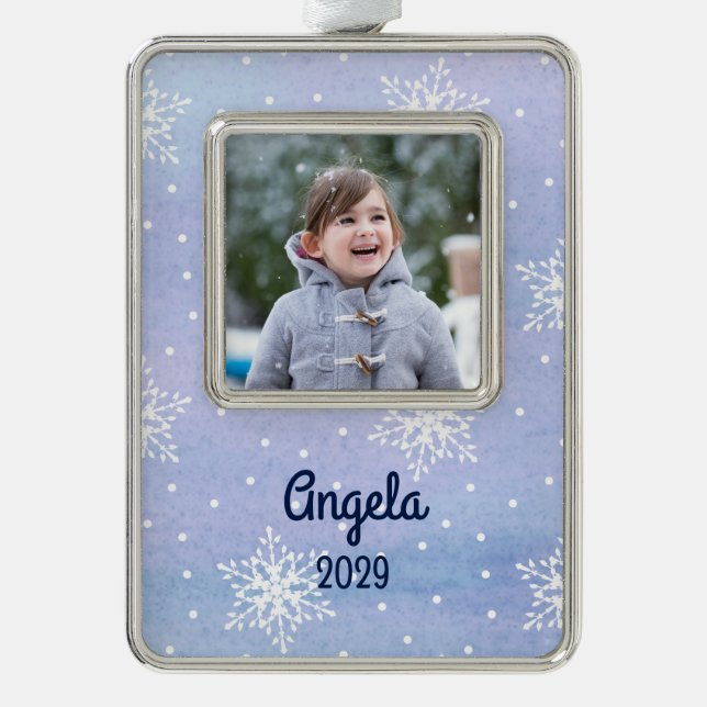 White Snowflakes Dots Name Year Holiday Photo Christmas Ornament (Front)