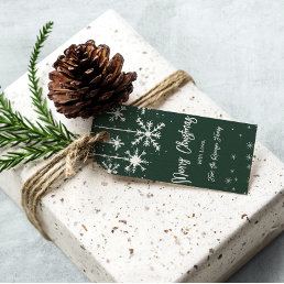 White snowflakes elegant green merry christmas gift tags