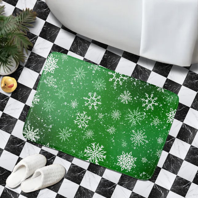 White Snowflakes Emerald Green Bath Mat (Creator Uploaded)