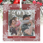 White snowflakes family photo personalized red  glass ornament<br><div class="desc">Rustic elegant winter snow red and white family keepsake tree ornament template with falling snowflakes frame.                       Easy to personalize with your custom photo,  text script,  family name and year!</div>