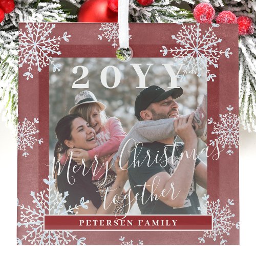 White snowflakes family photo personalized red  glass ornament