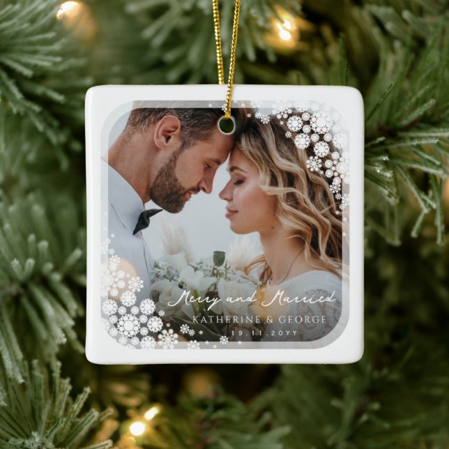 White Snowflakes Frame Chic Holiday Wedding Photo Ceramic Ornament (Tree)