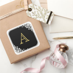 White Snowflakes Frame Monogram Christmas Holiday Square Sticker