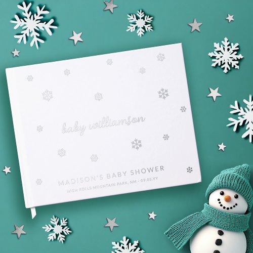 White Snowflakes Gender Neutral Winter Baby Shower Foil Guest Book