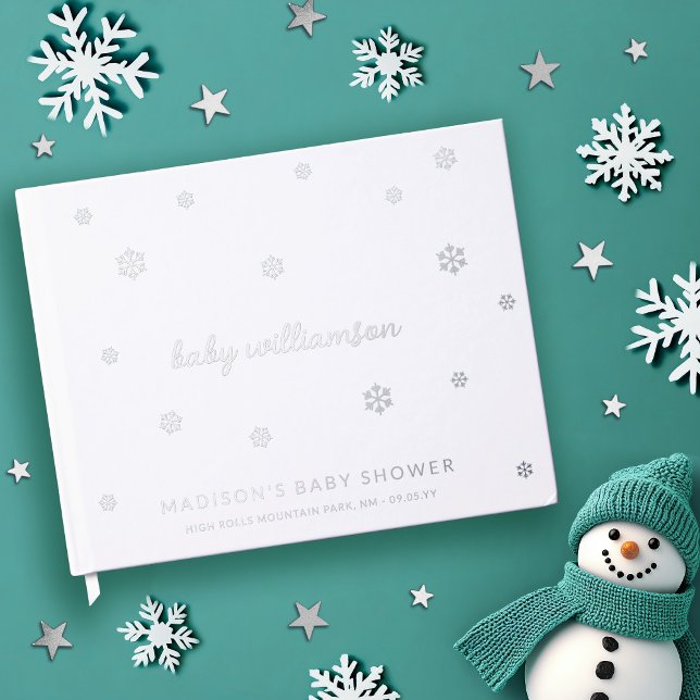 White Snowflakes Gender Neutral Winter Baby Shower Foil Guest Book (Creator Uploaded)