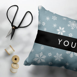 White Snowflakes, Gray, Your name, Personalize Accent Pillow