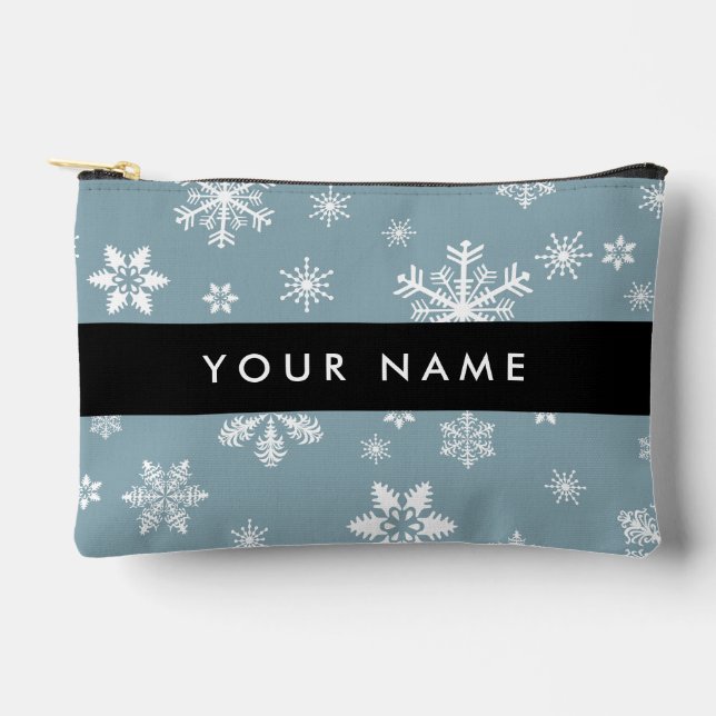 White Snowflakes, Gray, Your name, Personalize Accessory Pouch (Front)