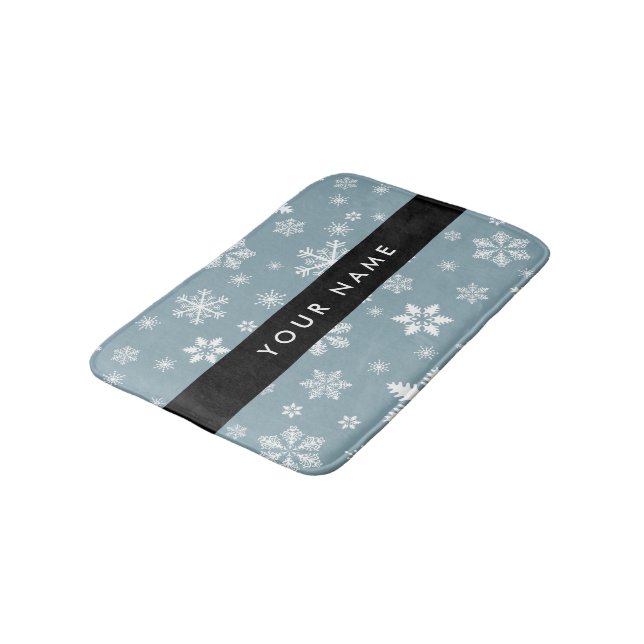 White Snowflakes, Gray, Your name, Personalize Bath Mat (Angled)