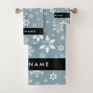 White Snowflakes, Gray, Your name, Personalize Bath Towel Set