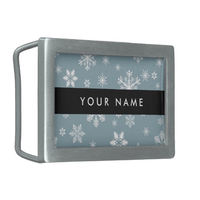 White Snowflakes, Gray, Your name, Personalize Belt Buckle (Front Left)