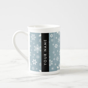 White Snowflakes, Gray, Your name, Personalize Bone China Mug