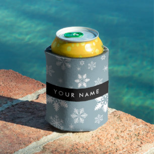 White Snowflakes, Gray, Your name, Personalize Can Cooler