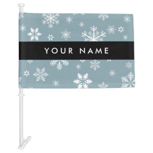 White Snowflakes, Gray, Your name, Personalize Car Flag