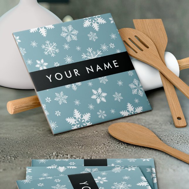 White Snowflakes, Gray, Your name, Personalize Ceramic Tile (Creator Uploaded)