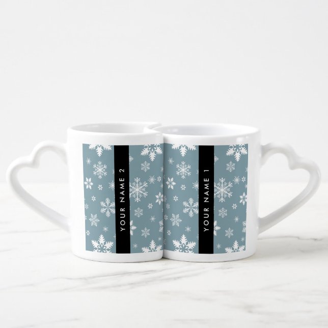 White Snowflakes, Gray, Your name, Personalize Coffee Mug Set (Back Nesting)