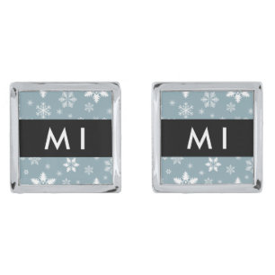 White Snowflakes, Gray, Your name, Personalize Cufflinks