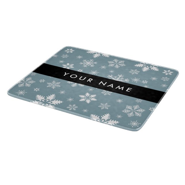 White Snowflakes, Gray, Your name, Personalize Cutting Board (Corner)