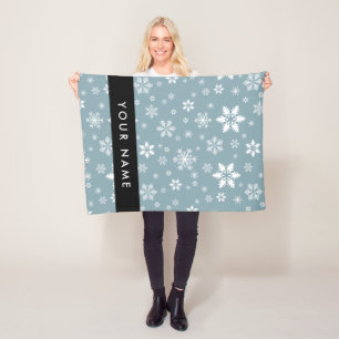 White Snowflakes, Gray, Your name, Personalize Fleece Blanket
