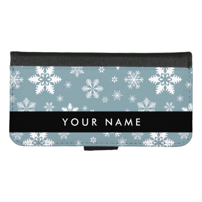 White Snowflakes, Gray, Your name, Personalize iPhone Wallet Case (Front (Horizontal))